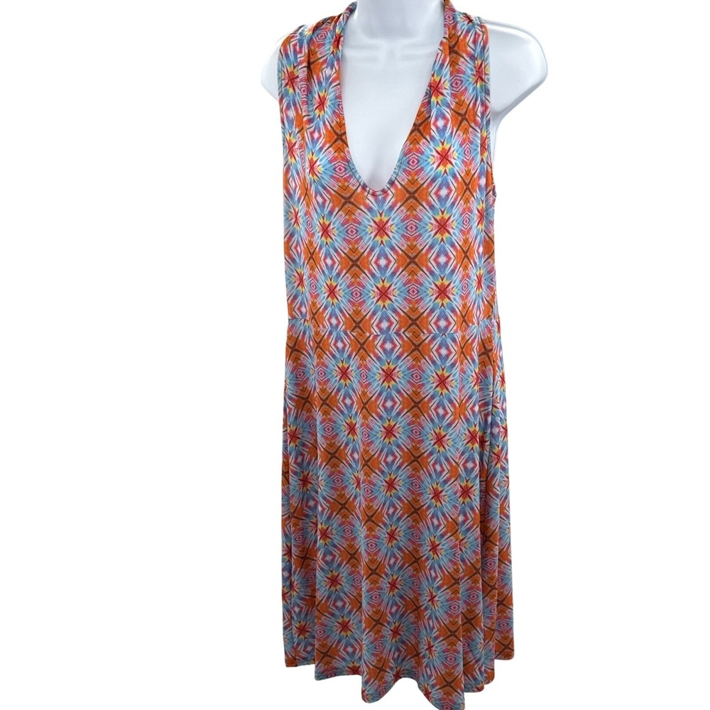 Viereck Womens Geometric V-Neck Racerback Midi Dress Orange Blue XL NWT